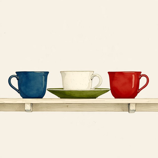 Exactly four ceramic mugs sit on a pale wooden shelf: two blue mugs on the left, one white mug in the center, and one red mug on the right. A green saucer is beneath the center mug, nothing else. — Midjourney Niji 7