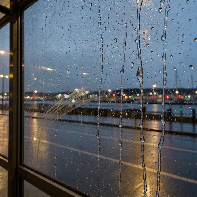 Raindrops crawl down a bus shelter pane, warping blurred harbor lights beyond. A handheld evening street snapshot in cool sodium glow, shot at 50mm with shallow depth of field, catches tiny water trails and a faint wipe mark. — FLUX 3 Image