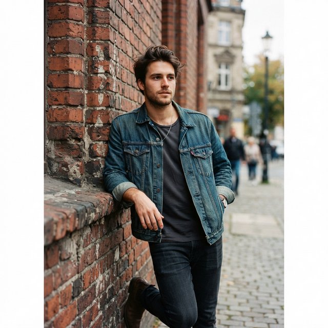 Environmental portrait of a young man in a denim jacket leaning on a red brick wall, overcast light, looking just past the camera. — Nano Banana 2 Lite