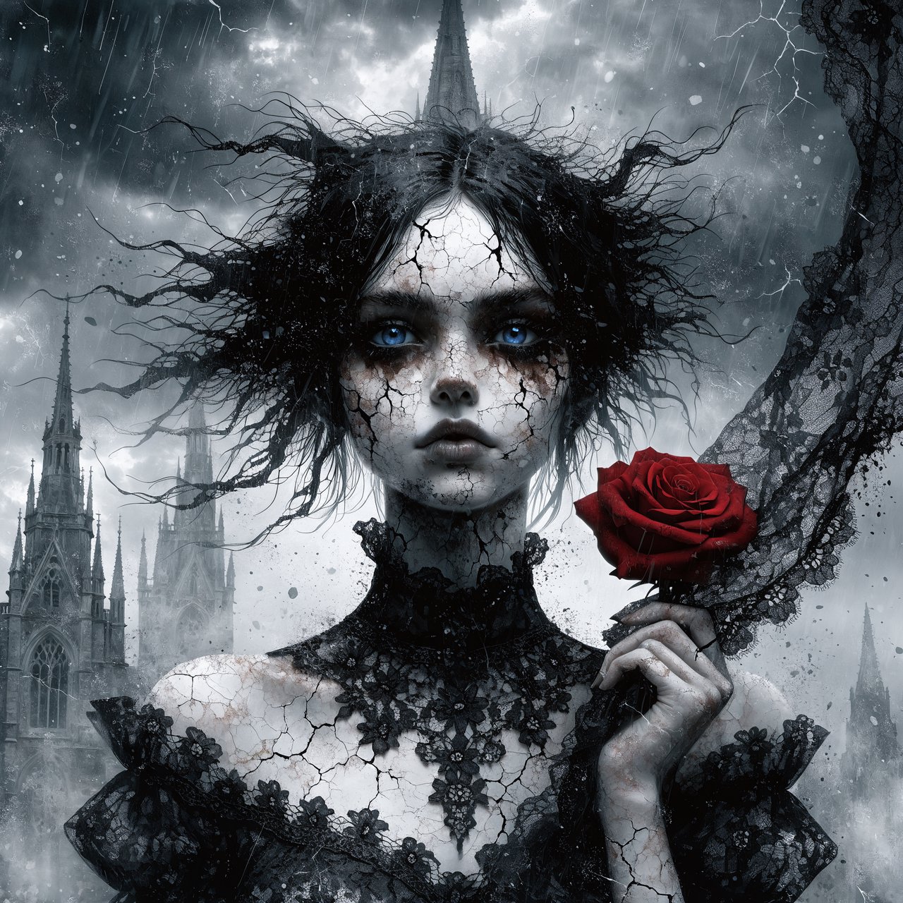 Atmospheric lighting creates soft background gradients through value blending, and surreal dark textures produce cracked surfaces and splatter via organic mark making. The fusion manifests as lace edges, dramatic chiaroscuro, and sharp focal contrast, transforming any subject through meticulous gothic surface modeling. A gothic woman depicted in 2026, with spiky black hair, blue eyes, and pale skin, wearing a black off-shoulder lace dress with a high ornate collar and puffed sleeves, holding a red rose. Close-up at eye level, the woman facing forward with her head slightly tilted, gazing directly at the viewer, holding a red rose in her right hand near her shoulder. Scene set before a gothic cathedral during overcast twilight, with misty atmosphere, featuring tall church spires in the background. — Recraft v4 Pro