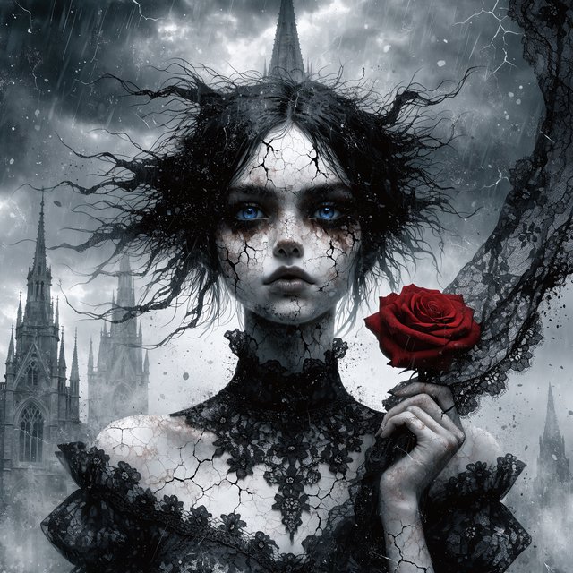 Atmospheric lighting creates soft background gradients through value blending, and surreal dark textures produce cracked surfaces and splatter via organic mark making. The fusion manifests as lace edges, dramatic chiaroscuro, and sharp focal contrast, transforming any subject through meticulous gothic surface modeling. A gothic woman depicted in 2026, with spiky black hair, blue eyes, and pale skin, wearing a black off-shoulder lace dress with a high ornate collar and puffed sleeves, holding a red rose. Close-up at eye level, the woman facing forward with her head slightly tilted, gazing directly at the viewer, holding a red rose in her right hand near her shoulder. Scene set before a gothic cathedral during overcast twilight, with misty atmosphere, featuring tall church spires in the background. — Recraft v4 Pro