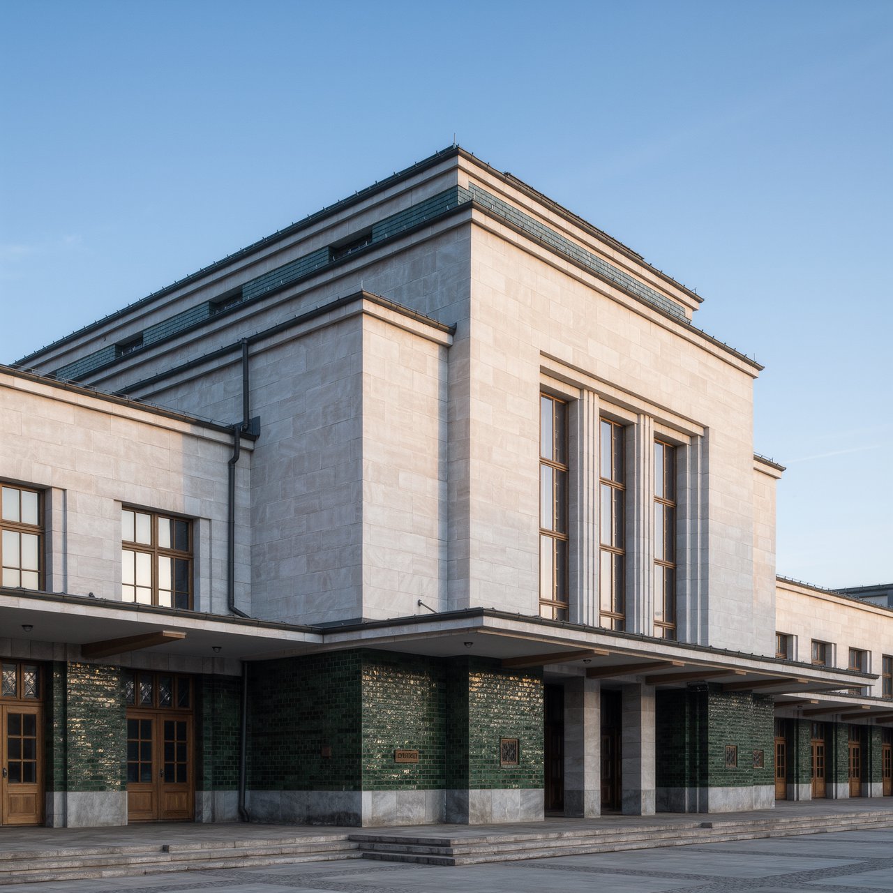 Exterior of an Art Deco railway terminal in pale limestone and dark green glazed brick, with stepped massing, bronze-framed windows, and a broad canopy; clear winter morning light, viewed from the station forecourt, precise lines and credible structure. — Kling v3 Omni