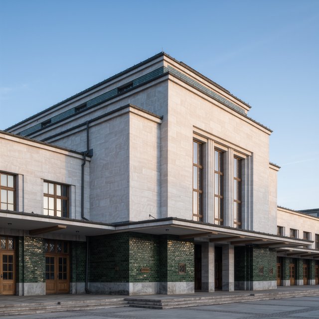 Exterior of an Art Deco railway terminal in pale limestone and dark green glazed brick, with stepped massing, bronze-framed windows, and a broad canopy; clear winter morning light, viewed from the station forecourt, precise lines and credible structure. — Kling v3 Omni