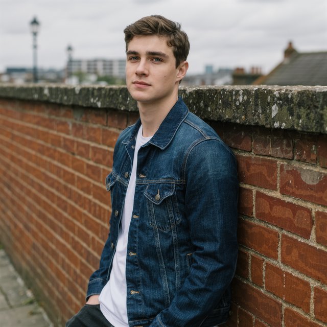 Environmental portrait of a young man in a denim jacket leaning on a red brick wall, overcast light, looking just past the camera. — Kling v3 Omni