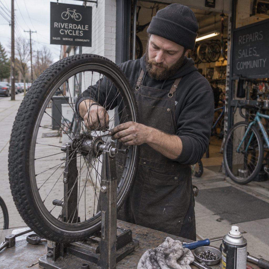Candid documentary photograph of an adult bicycle mechanic repairing a flat tire outside a neighborhood workshop, soft overcast daylight, 35mm lens with moderate depth of field, greasy fingerprints, dust, and tiny metal shavings visible on the workbench. — GPT Image 2.5 Sunburst