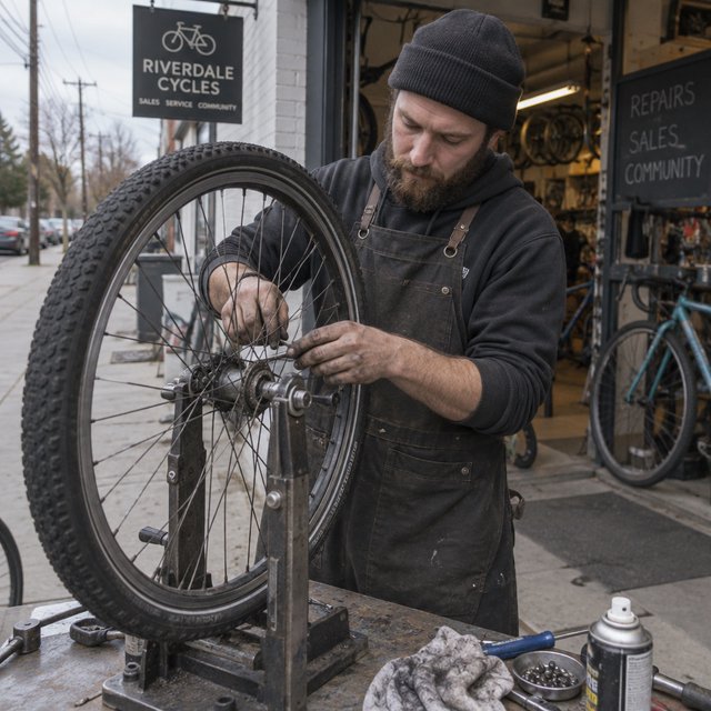 Candid documentary photograph of an adult bicycle mechanic repairing a flat tire outside a neighborhood workshop, soft overcast daylight, 35mm lens with moderate depth of field, greasy fingerprints, dust, and tiny metal shavings visible on the workbench. — GPT Image 2.5 Sunburst