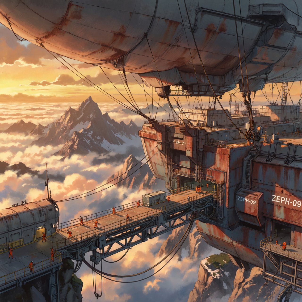 Concept art of a weathered cargo airship docking at a mountaintop station, crew tiny for scale, late afternoon light. — ImagineArt 2