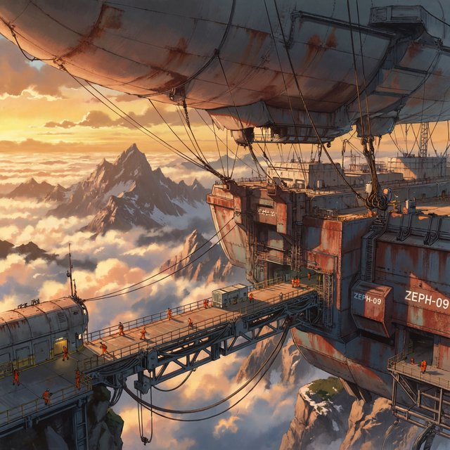 Concept art of a weathered cargo airship docking at a mountaintop station, crew tiny for scale, late afternoon light. — ImagineArt 2