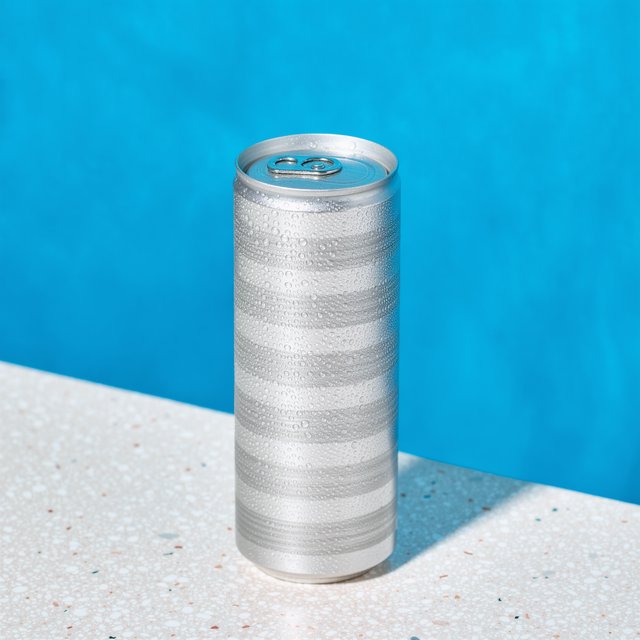 A slim, unbranded sparkling-water can of brushed aluminum, beaded with condensation, stands on a pale terrazzo surface against a seamless electric-blue background; broad overhead diffusion and a crisp side strip create clean highlights, with no lettering or graphics. — Kling v3 Omni