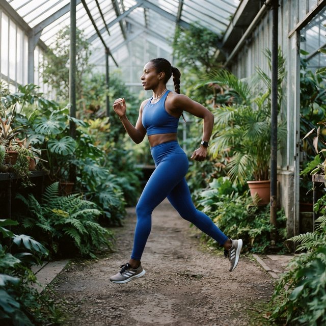 Across a quiet greenhouse path, an adult woman in a cobalt fitness set is caught mid-stride on a morning run, cool dawn light tracing her focused profile; clean lines and poised styling evoke a fashion magazine. — Model 15