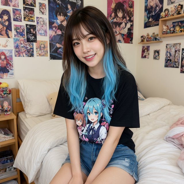 A young beautiful woman of Chinese descent, she is twenty years old, sitting in a bedroom, sitting on the edge of her bed. She is wearing a black anime-themed shirt and denim shorts. She has dark brown hair with light blue highlights, brown eyes, pale skin. Her bedroom has anime- and video game-inspired posters and trinkets. Looking at the viewer, smiling. — Qwen Image 3.0