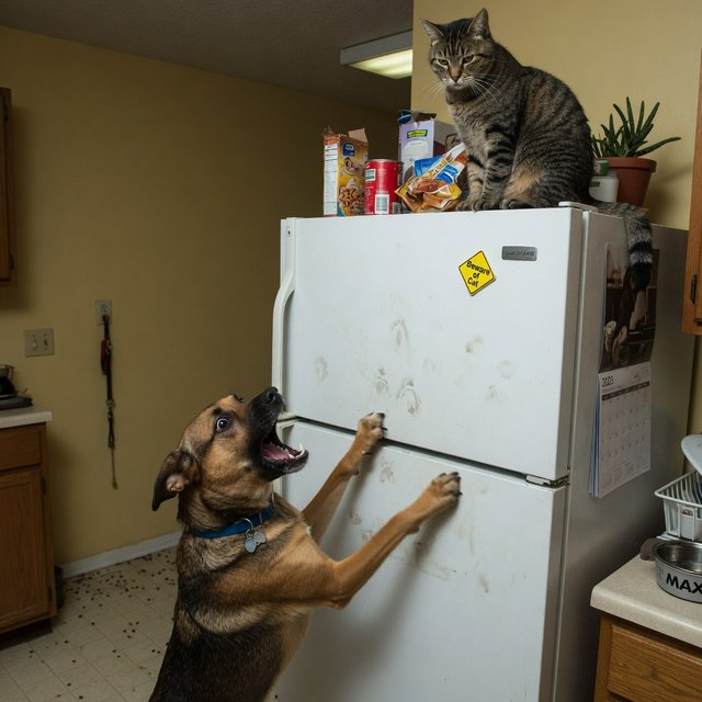 A cat sits on the top of a refrigerator calmly looking down at a barking dog. The dog is on his hind legs leaning on the fridge barking at the cat. — Grok Imagine Image Quality