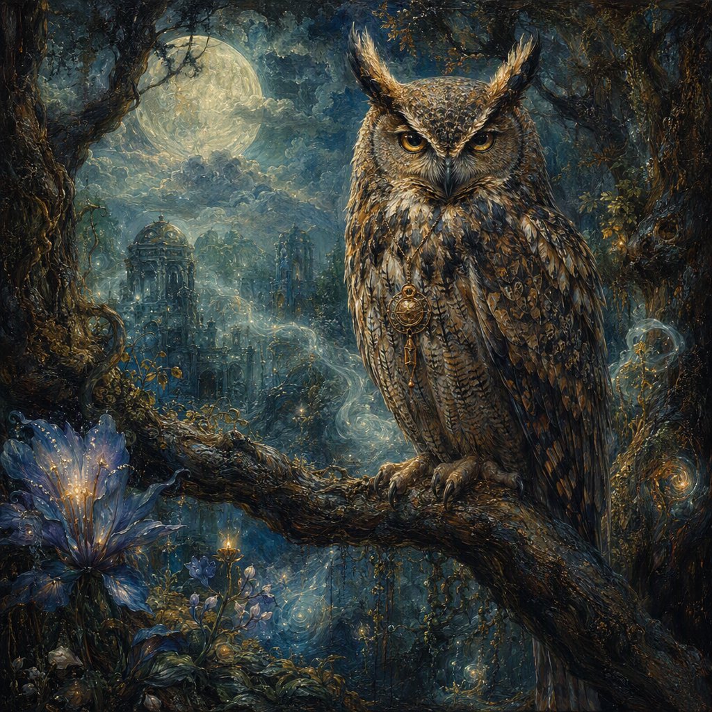 A majestic owl with ancient, knowing eyes perched on a gnarled branch within an ethereal forest. Moonlight filters through the dense canopy, illuminating swirling mists and glowing flora. The scene evokes a sense of deep mystery and ancient magic. Rendered in the style of magical realism with rich oil painting textures. — GPT Image 2