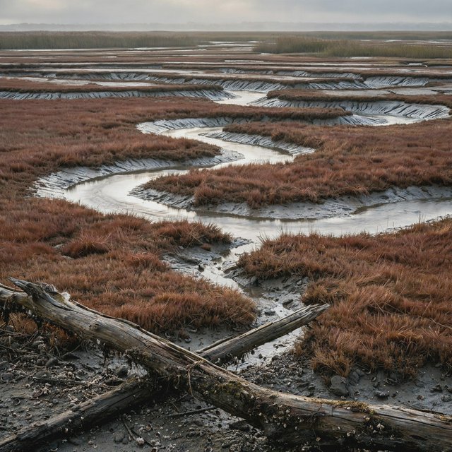 An expansive salt marsh at low tide under a pale overcast afternoon, winding channels reflecting silver sky between russet grasses, a weathered driftwood branch in the foreground, distant reeds and receding mud ridges revealing layered depth and wet natural texture. — Muse Image 1.0