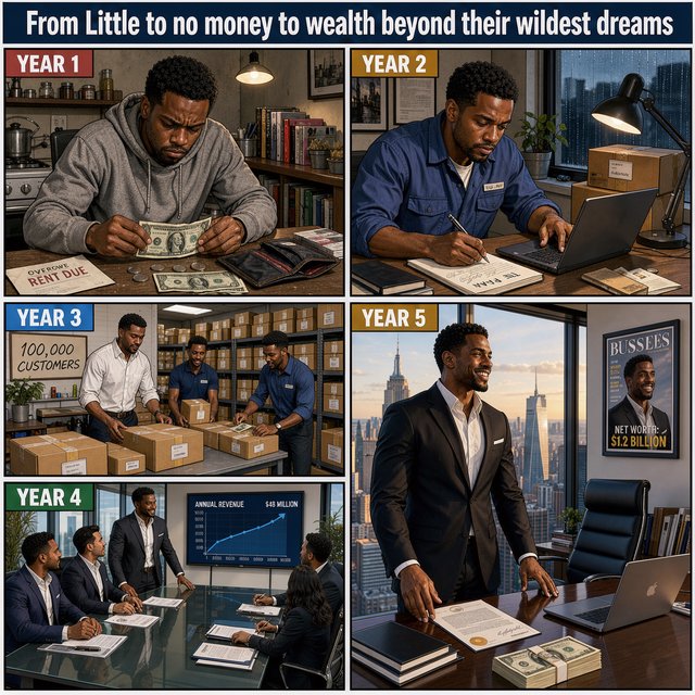Realistic comic. At least 4 panels. It showcases 5 years of someone's life, from the first year, when they struggled to make money, to the fifth year, when they are worth millions to billions of dollars. Make sure money is seen at least once in the image. At the top, it says "From Little to no money to wealth beyond their wildest dreams". — FLUX 3 Image