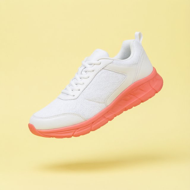 A white running sneaker with a coral sole floating at a slight angle over a pastel yellow background, studio lighting, no shadow on the backdrop. — Qwen Image 3.0
