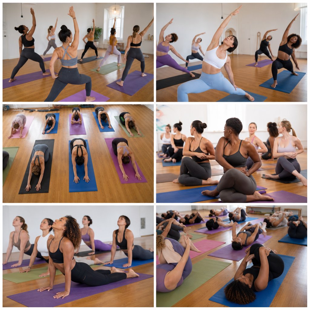 A realistic image of a group of adult women at a yoga class. Women of many races, with slim, curvy, and other body types, all wearing yoga wear, all on colorful yoga mats, all posing, with many angles and POVs. 3–6 angles. — GPT Image 2