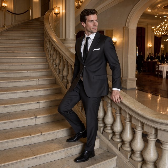 A tall adult man in a charcoal evening suit pauses halfway down a sweeping hotel staircase, caught glancing toward the ballroom as amber sconces cast sculpted light across stone; crisp tailoring and composed fashion-magazine polish. — Model 2