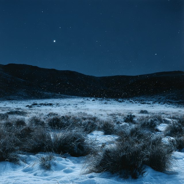 Moonlight washes a snowbound high plateau beneath sharp stars, while dry flurries cross the midnight air; frost feathers the foreground tussocks, and dark, rolling ridgelines recede into a blue-black distance. — Midjourney V8.2