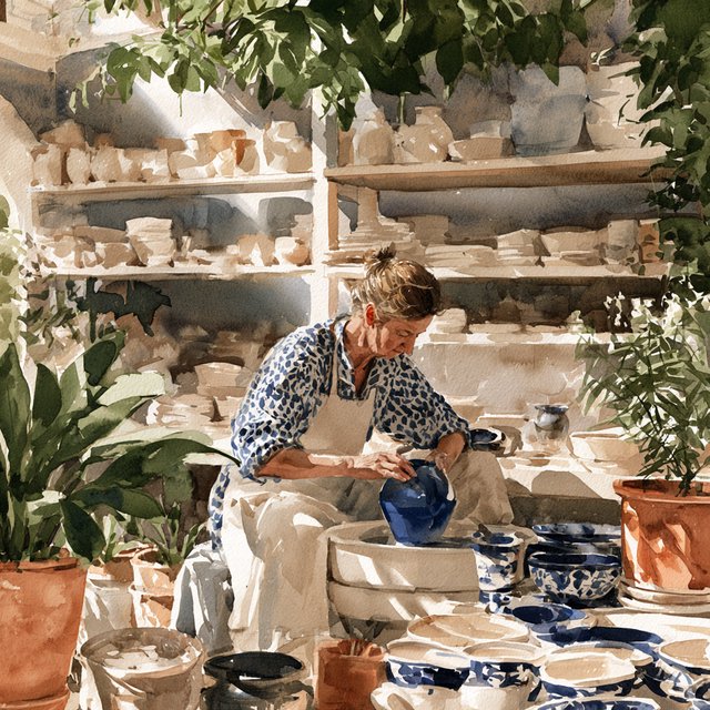 Watercolour illustration of an adult ceramicist shaping a blue-glazed vessel in a sunlit workshop, shelves of unfinished pottery and leafy plants softened by loose brushwork. Palette of terracotta, indigo, warm cream, and sage. — Midjourney V8.2