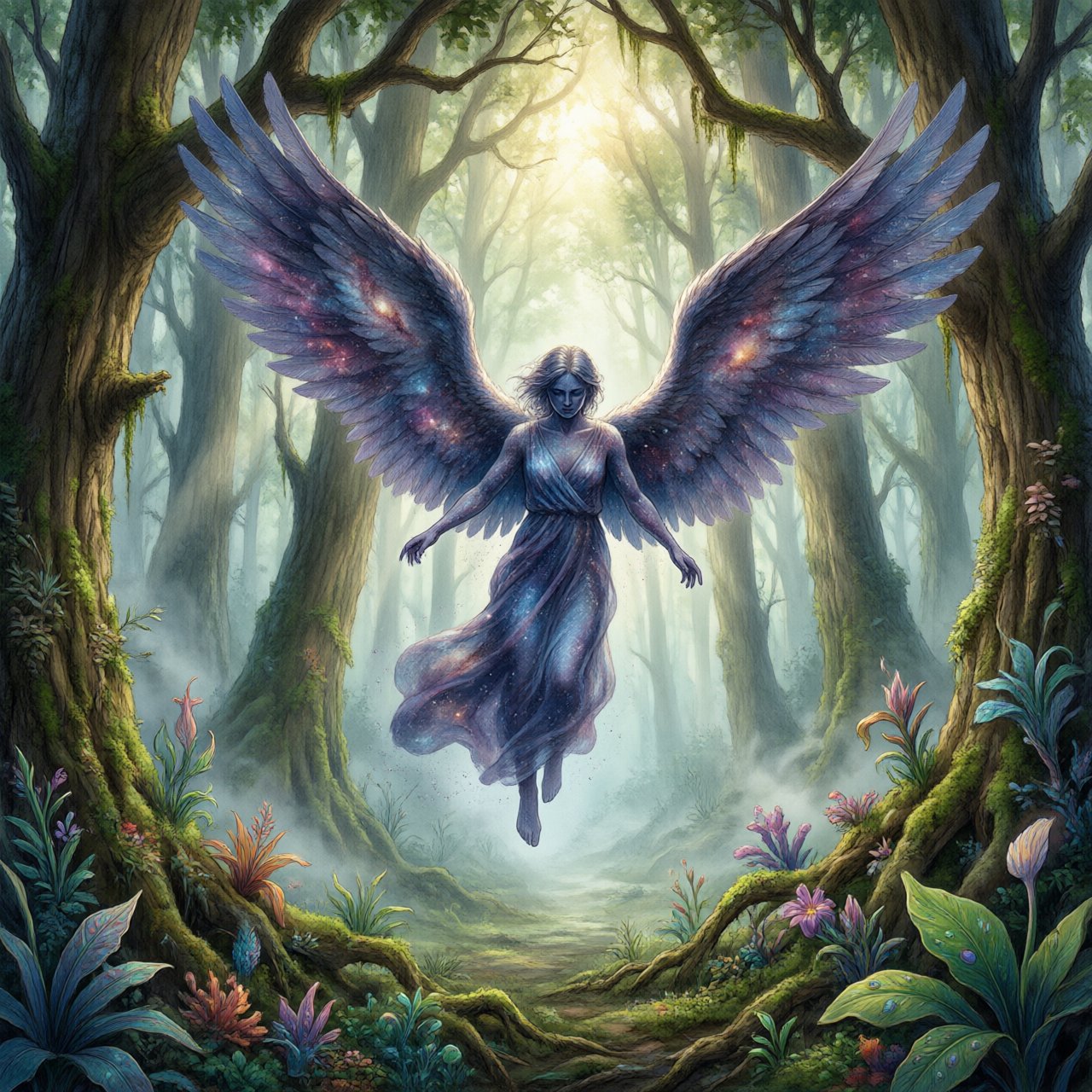 A lone angel with feathered wings, composed of swirling cosmic dust and nebulae, descends into a quiet, enchanted forest. Sunlight filters through the ancient canopy, illuminating wisps of mist and the vibrant, otherworldly plants below. The style is a fusion of hyper-detailed fantasy illustration and soft watercolor techniques, with the polished finish of concept art. — Qwen Image 3.0
