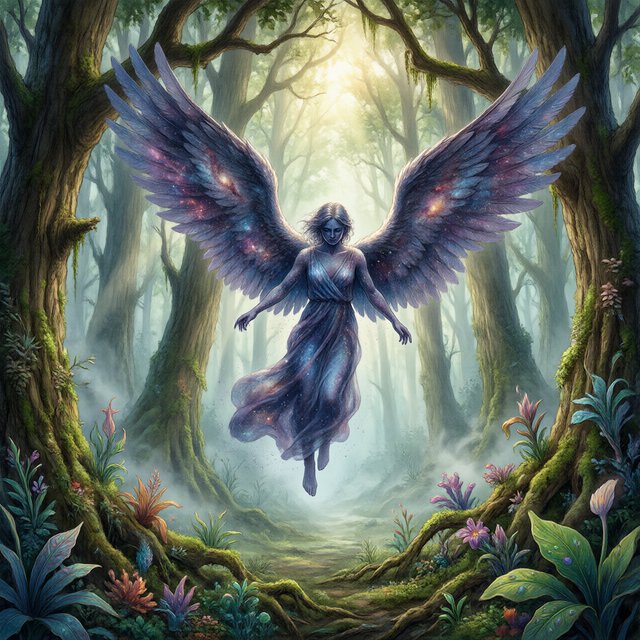 A lone angel with feathered wings, composed of swirling cosmic dust and nebulae, descends into a quiet, enchanted forest. Sunlight filters through the ancient canopy, illuminating wisps of mist and the vibrant, otherworldly plants below. The style is a fusion of hyper-detailed fantasy illustration and soft watercolor techniques, with the polished finish of concept art. — Qwen Image 3.0