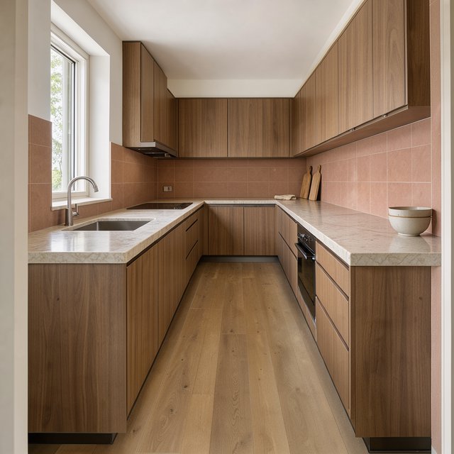 Along a galley kitchen, flat-front walnut cabinets meet pale limestone counters and a matte terracotta backsplash in restrained Scandinavian modern style; soft north-window daylight reveals the worktop from the doorway, with clean aligned lines and believable supports. — Model 2