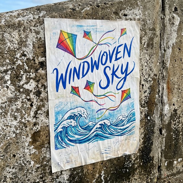 On a salt-stained seawall, a printed poster for a kite-making exhibition shows bright diamond kites sweeping above blue waves; “WINDWOVEN SKY” is screen-printed in sweeping cobalt script, with no other legible writing. — Model 15