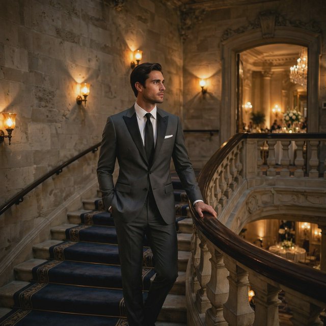 A tall adult man in a charcoal evening suit pauses halfway down a sweeping hotel staircase, caught glancing toward the ballroom as amber sconces cast sculpted light across stone; crisp tailoring and composed fashion-magazine polish. — Model 14