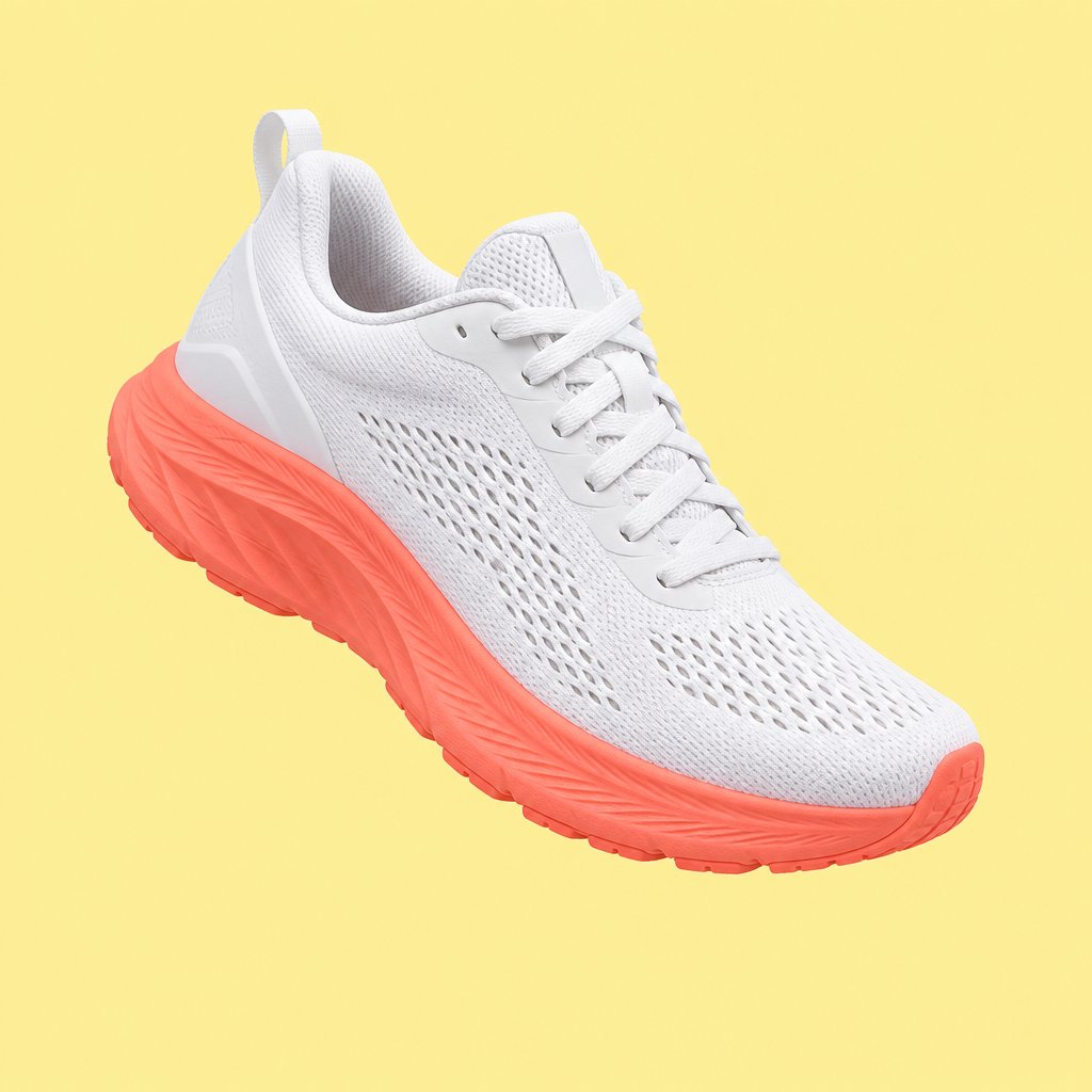 A white running sneaker with a coral sole floating at a slight angle over a pastel yellow background, studio lighting, no shadow on the backdrop. — GPT Image 2.5 Flare