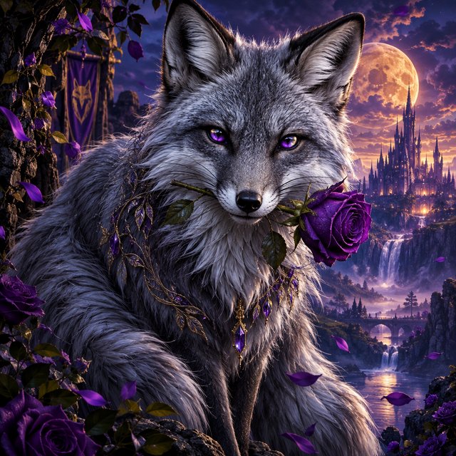 a silver fox holding a purple rose in its mouth, deep color, fantastical, intricate detail, splash screen, complementary colors, fantasy concept art — Model 3