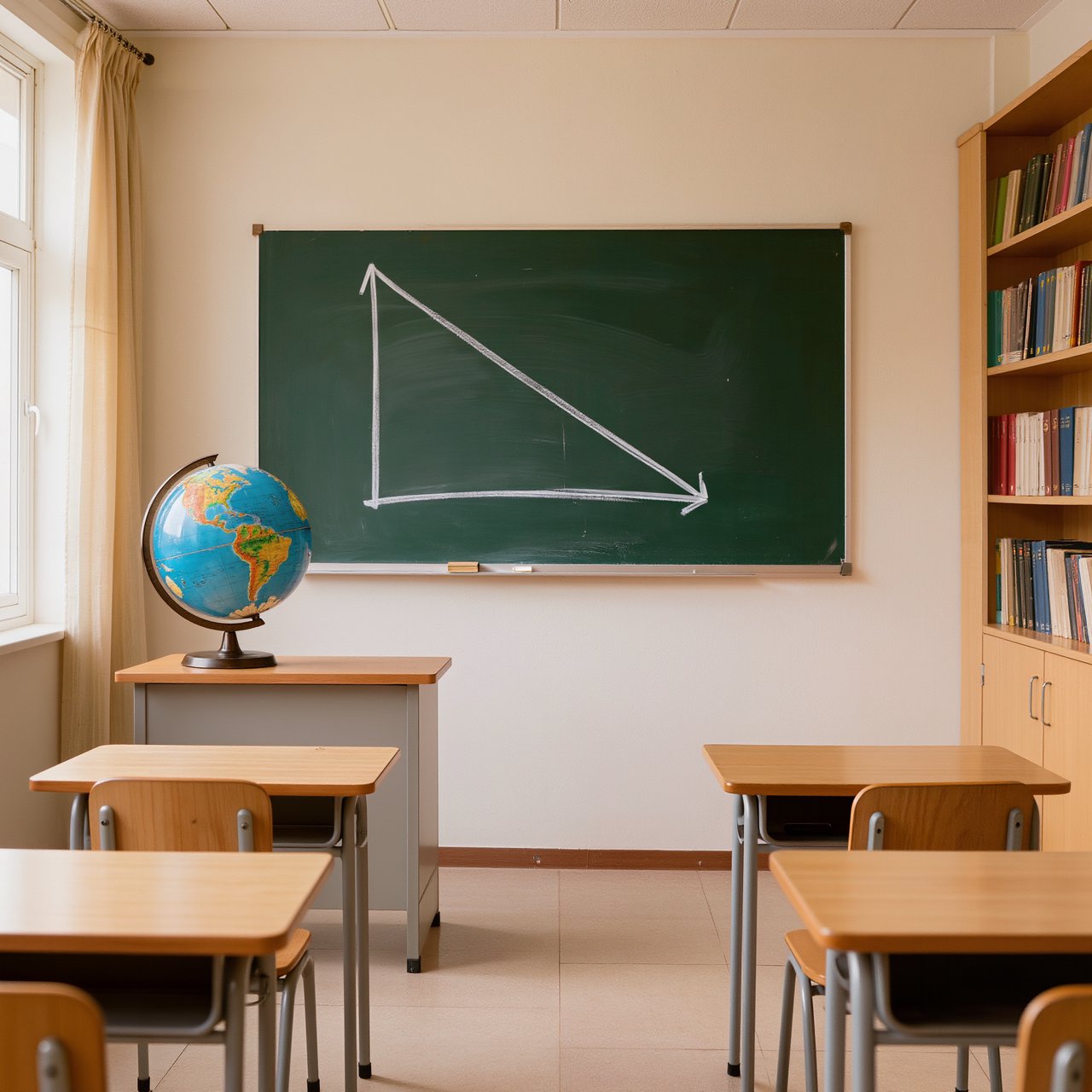 A classroom with exactly four desks in two rows, a globe on the teacher's desk, a chalkboard with a single drawn triangle, empty of people. — Kling v3