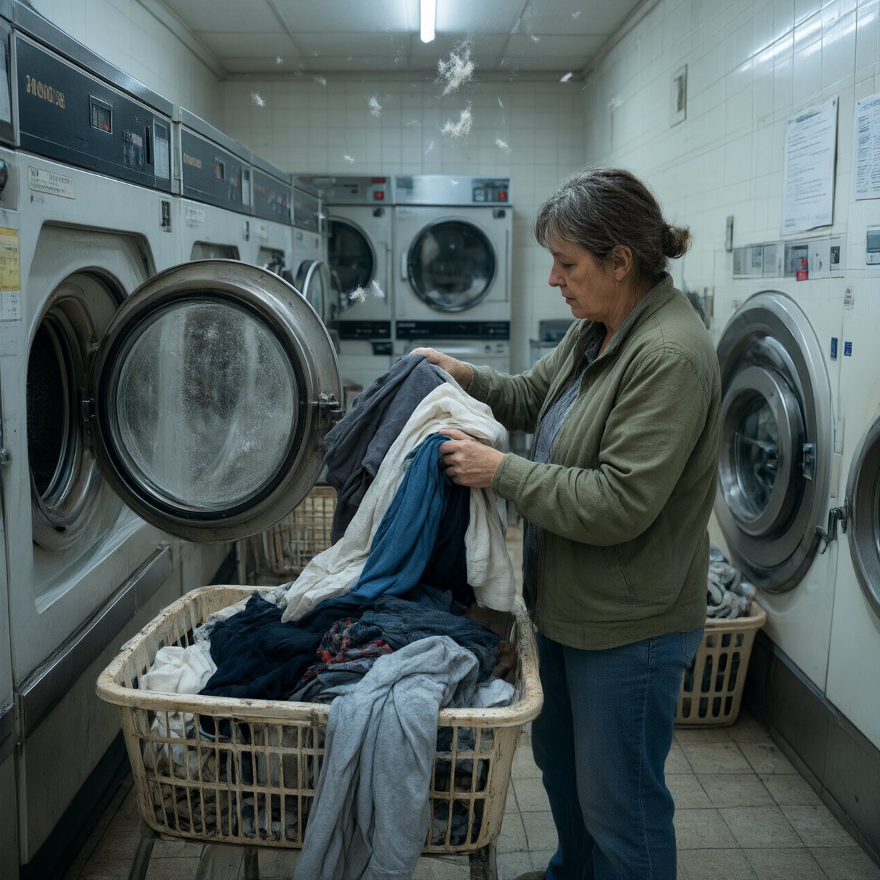 Candid documentary photograph of an adult woman sorting clothes in a self-service laundromat, cool fluorescent light, 35mm lens with moderate depth of field, loose lint suspended above a tumbling machine, worn baskets and tiled walls rendered naturally. — Qwen Image 3.0