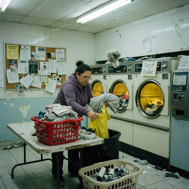 Candid documentary photograph of an adult woman sorting clothes in a self-service laundromat, cool fluorescent light, 35mm lens with moderate depth of field, loose lint suspended above a tumbling machine, worn baskets and tiled walls rendered naturally. — Grok Imagine Image Quality