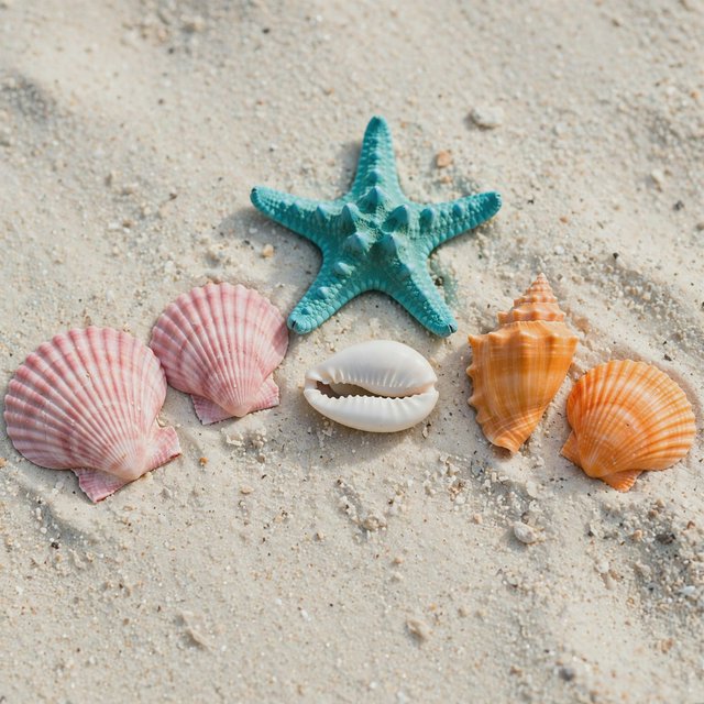 Exactly five seashells lie on pale sand: two pink shells on the left, one white shell in the center, and two orange shells on the right. A turquoise starfish sits above the center shell, nothing else. — Muse Image 1.0