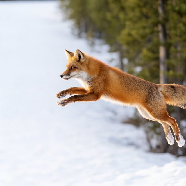 A red fox springs through powdery snow at the edge of a pine forest, ears forward and paws suspended. A real-world wildlife telephoto photograph in pale dawn light, 300mm lens, with snow crystals frozen midair. — Model 11