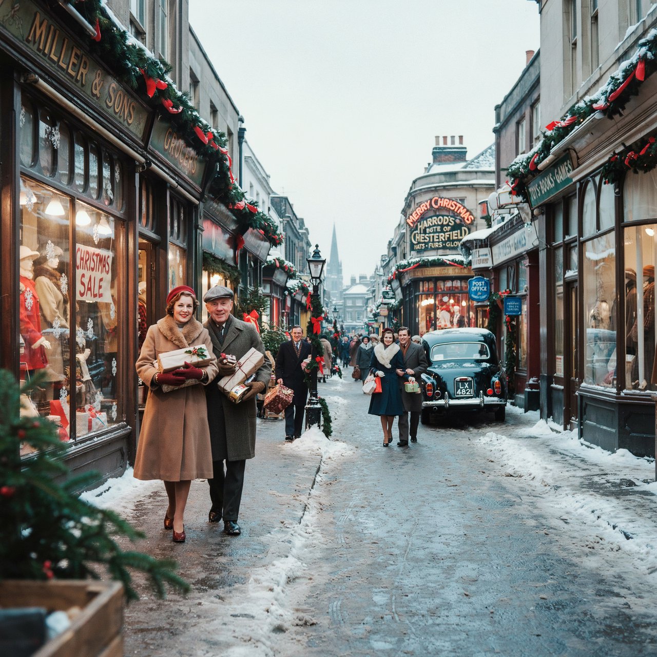 A UK High Street in the 1950s at Christmas time. The roads are covered in snow. The shop windows are decked out for Christmas and the happy adult shoppers are loaded up with gifts for loved ones. The mood is bright and Christmassy. — Ideogram v4