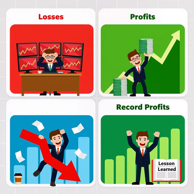 An image depicting the highs and lows of trading, in at least four panels. It ends with a very green day, record profits, and a lesson. — Model 9