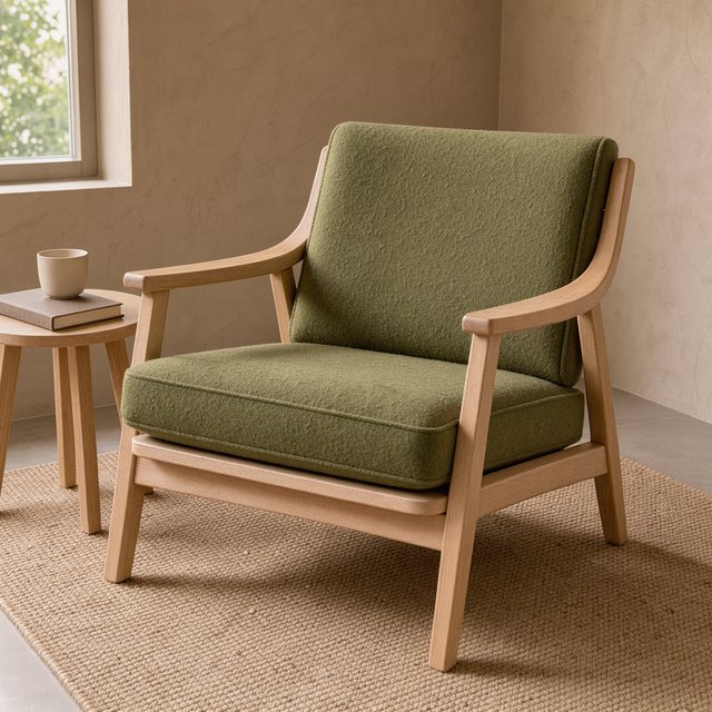 In a quiet reading-room corner, an unbranded lounge chair pairs a curved ash frame with nubby moss-green wool upholstery, set on a pale jute rug before a warm plaster wall; broad window diffusion and soft bounce shape this commercial product image, with no lettering. — FLUX 3 Image