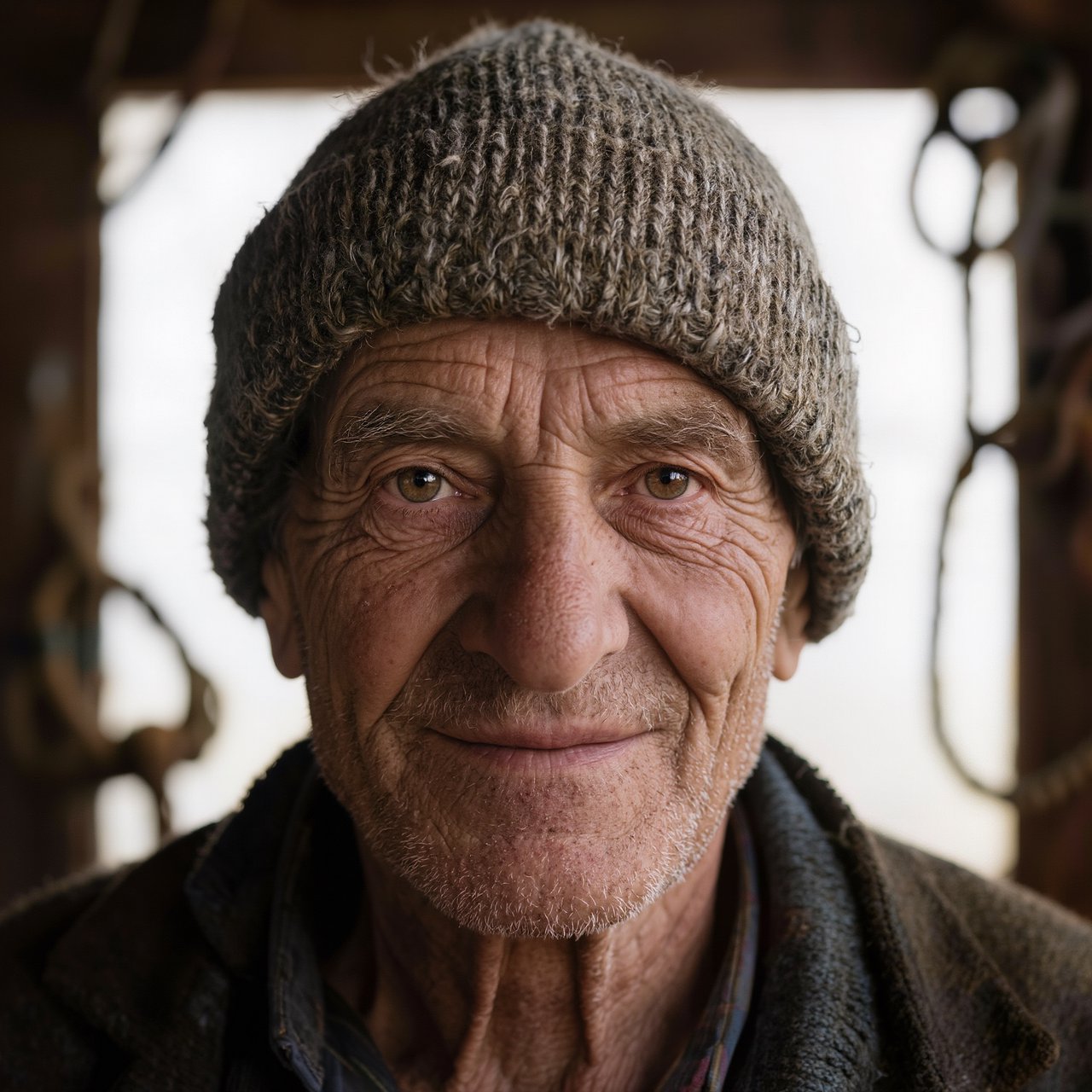 Close-up portrait of an elderly fisherman with deep wrinkles and a knitted cap, catchlights in the eyes, weathered skin texture, soft window light. — Kling v3