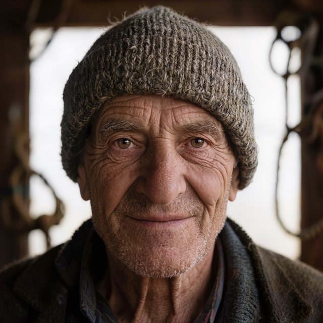 Close-up portrait of an elderly fisherman with deep wrinkles and a knitted cap, catchlights in the eyes, weathered skin texture, soft window light. — Kling v3