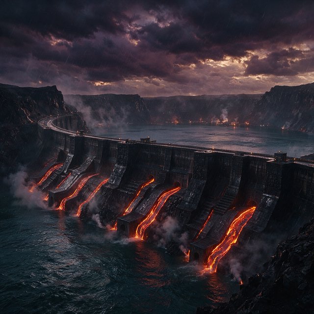 A colossal ring-shaped dam bridges a volcanic caldera, its black stone spillways veined with molten light. Rain veils the terraces as steam rises into a bruised dusk sky. — Seedream 5.0 Pro