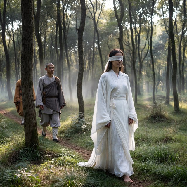 A beautiful young adult woman in flowing white hanfu stands quietly in a sparse forest, blindfolded with a soft white cloth. Grass surrounds her feet, and the scene feels calm, mysterious, and poetic. A few steps behind her stands a young adult male Taoist in traditional robes, gazing at her with a mesmerized, captivated expression. Gentle natural light filters through the thin trees, creating an ethereal atmosphere. Cinematic, elegant, emotionally evocative. — ImagineArt 1.5 Pro