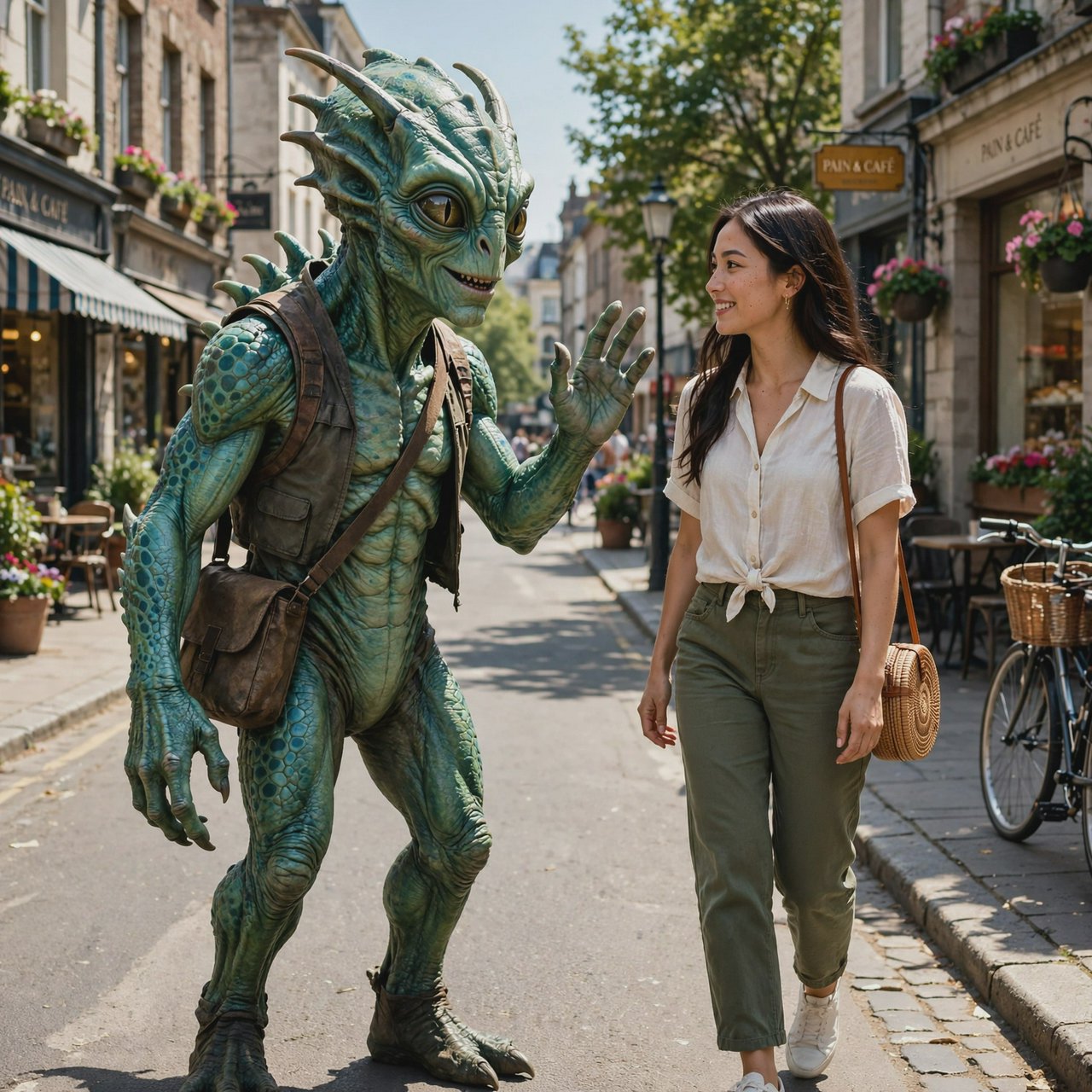 Alien monster walking down the street, greeting a beautiful woman walking toward him down the street on a lovely sunny day! — Muse Image 1.0