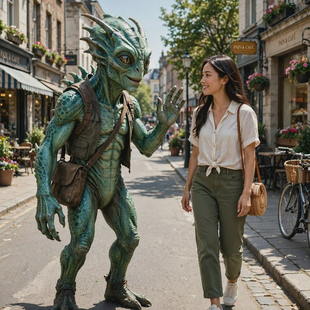 Alien monster walking down the street, greeting a beautiful woman walking toward him down the street on a lovely sunny day! — Muse Image 1.0