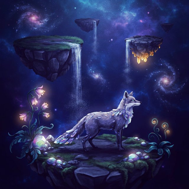 An ethereal fox with crystalline fur navigates a landscape of floating islands. Waterfalls cascade into the starry abyss below, and strange, alien flora sprouts from glowing rocks. This is a magical realism painting, infused with the wonder of distant galaxies. — Ideogram v4.5