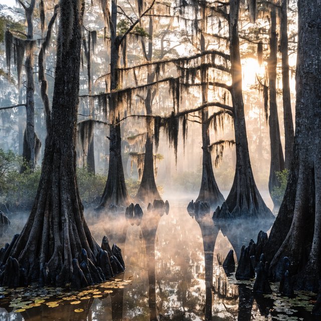 A cypress swamp at foggy sunrise after overnight drizzle, dark tea-colored water threading between moss-draped trunks; slick root knees and floating leaves lead toward pale trees disappearing into layered mist. — Recraft v4