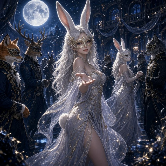 Create the most glamorous and mysterious midnight masked-ball scene, where various alluring anthropomorphic animals, such as foxes, deer, and rabbits, pose and dance under the moon. They wear moon-themed masks. In the middle foreground stands the most exquisite, alluring human-rabbit hybrid, with long white rabbit ears, a pulchritudinous East Asian face, an hourglass figure, rabbit-fur features, and human skin blended aesthetically. She wears the most exquisite silk dress with moon patterns and cross-star embroidery. She poses in a beckoning gesture, inviting the viewer to be her dance partner at the masquerade. No speech. — Grok Imagine Image 2