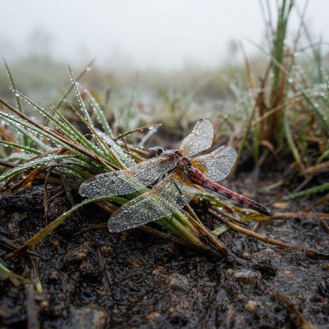 On a peaty marsh edge, a dragonfly rests among sedges after a light morning shower; dew beads on its veined wings and granular mud, while reed stems soften into pale fog behind it. — Nano Banana 2 Lite