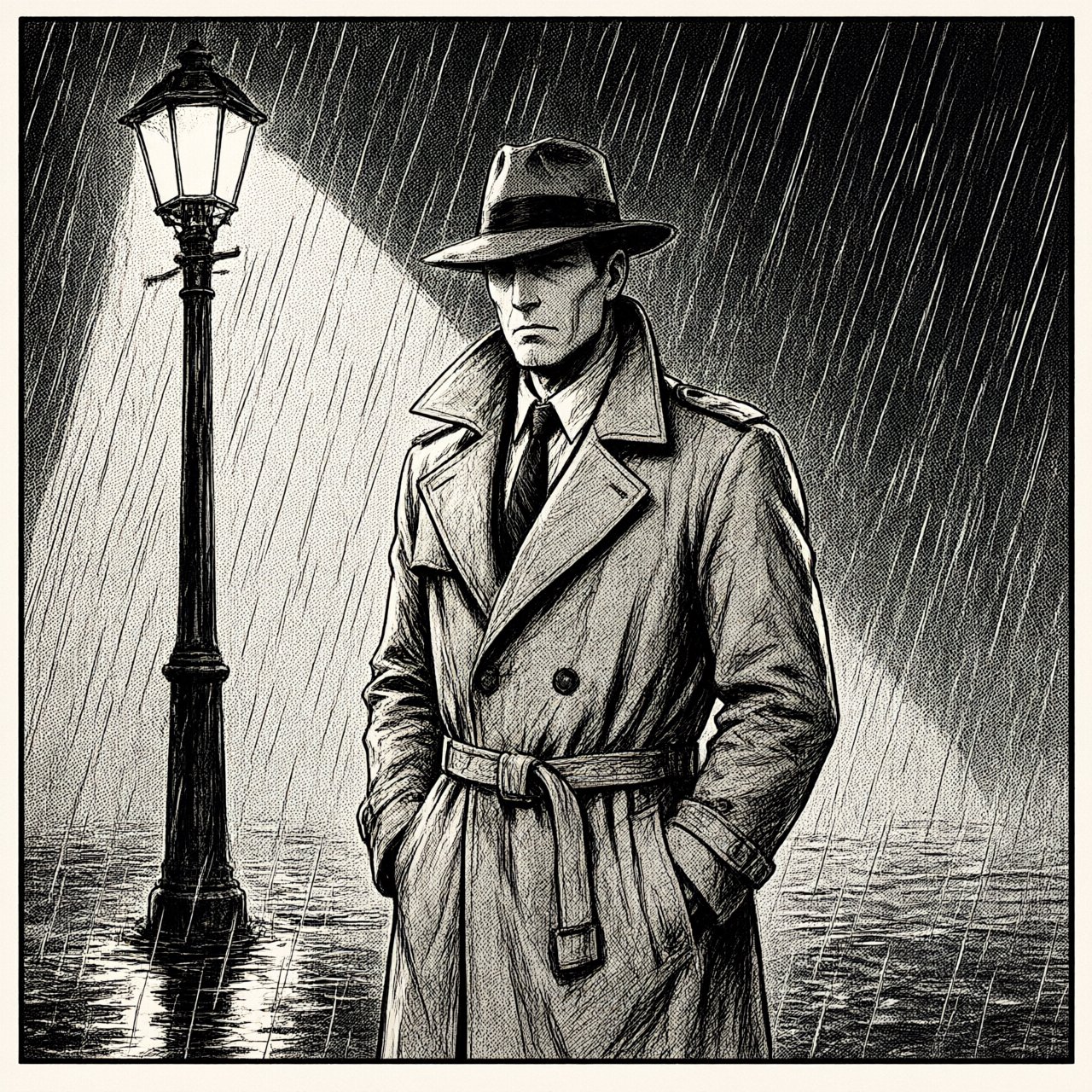 Comic panel of a detective in a trench coat under a streetlamp in the rain, bold ink, halftone shading, no speech bubbles. — Qwen Image 3.0